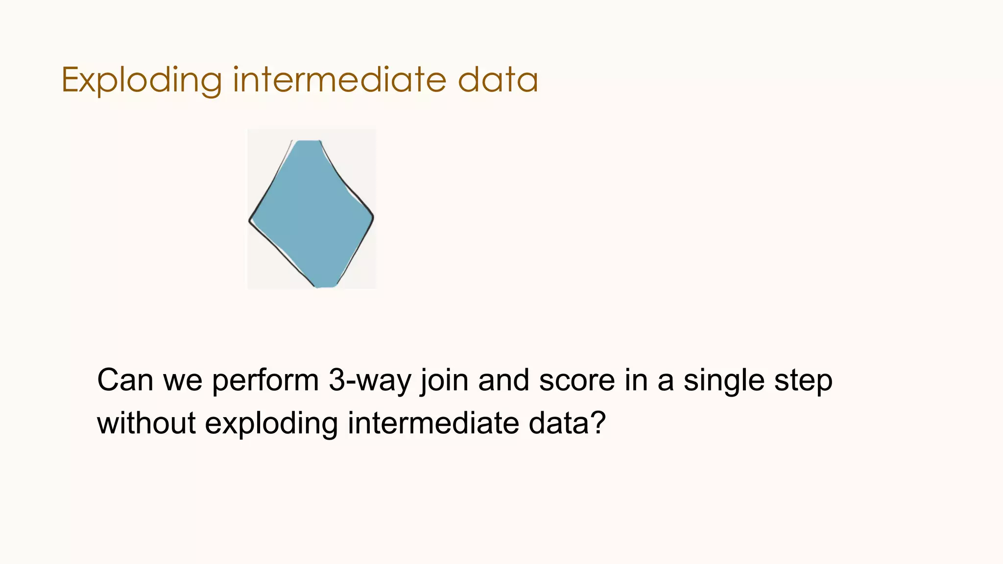 Exploding intermediate data Can we perform 3-way join and score in a single step without exploding intermediate data? 