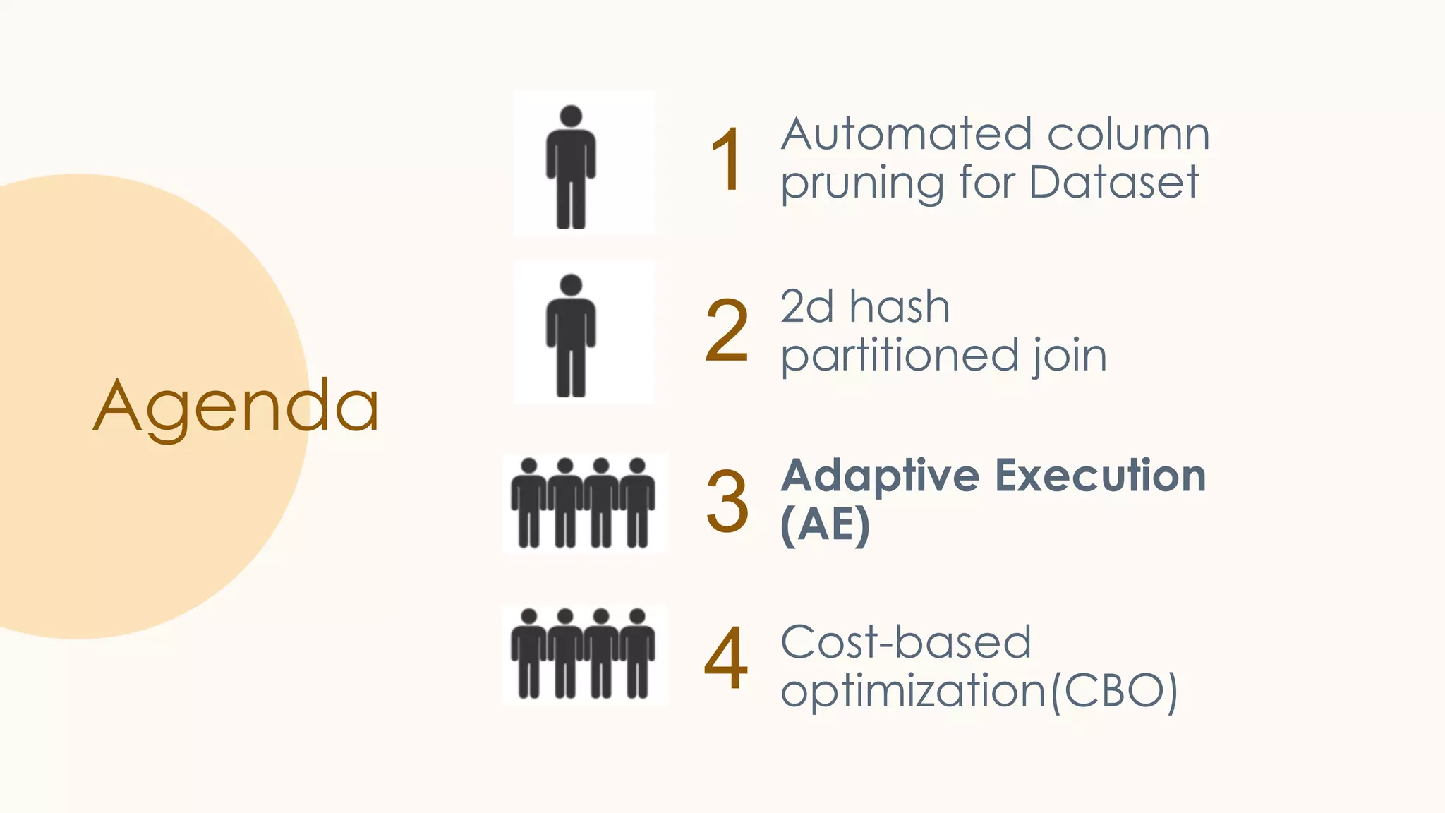 1 2 3 4 Agenda Automated column pruning for Dataset 2d hash partitioned join Adaptive Execution (AE) Cost-based optimization(CBO) 