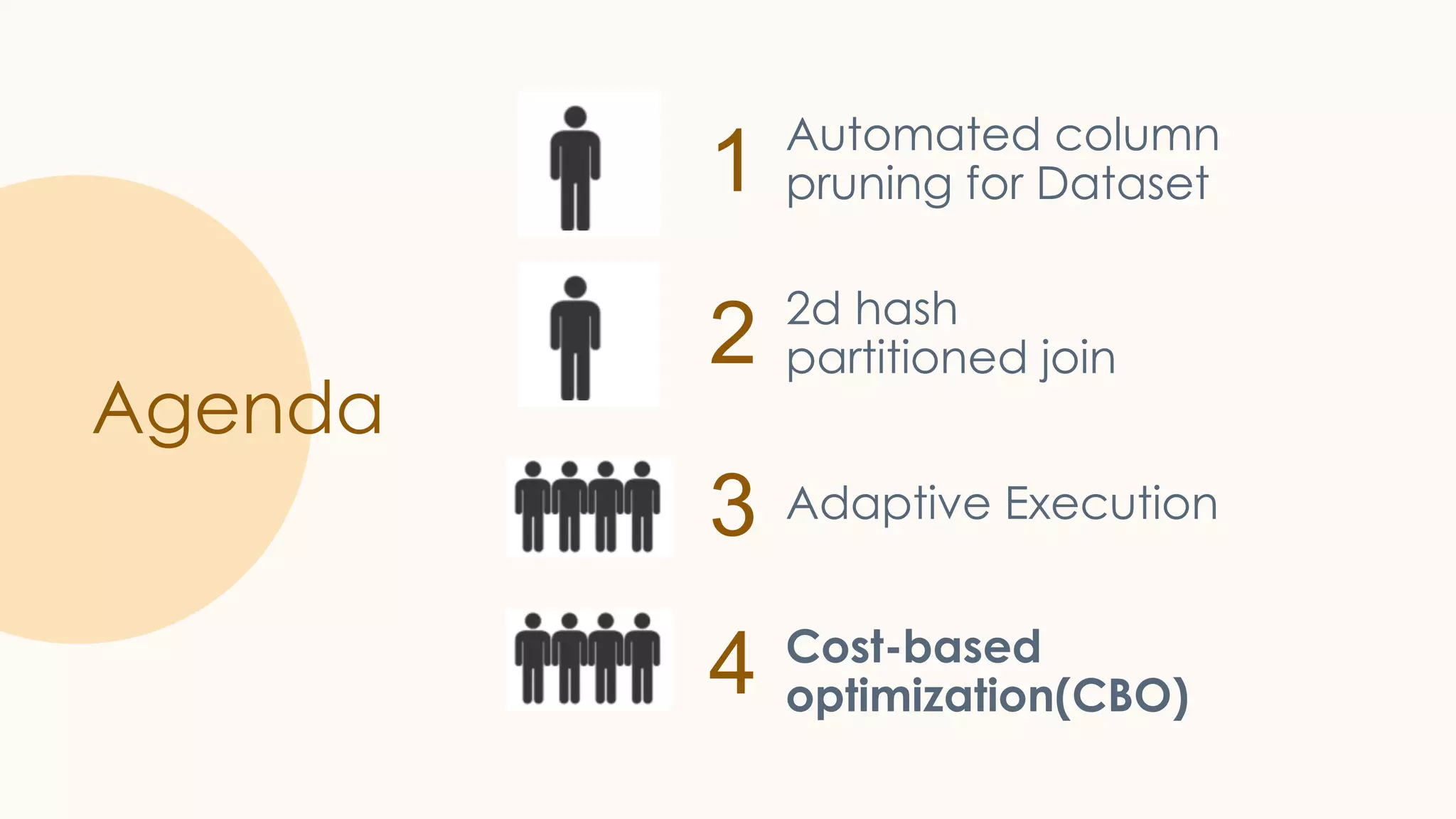 1 2 3 4 Agenda Automated column pruning for Dataset 2d hash partitioned join Adaptive Execution Cost-based optimization(CBO) 
