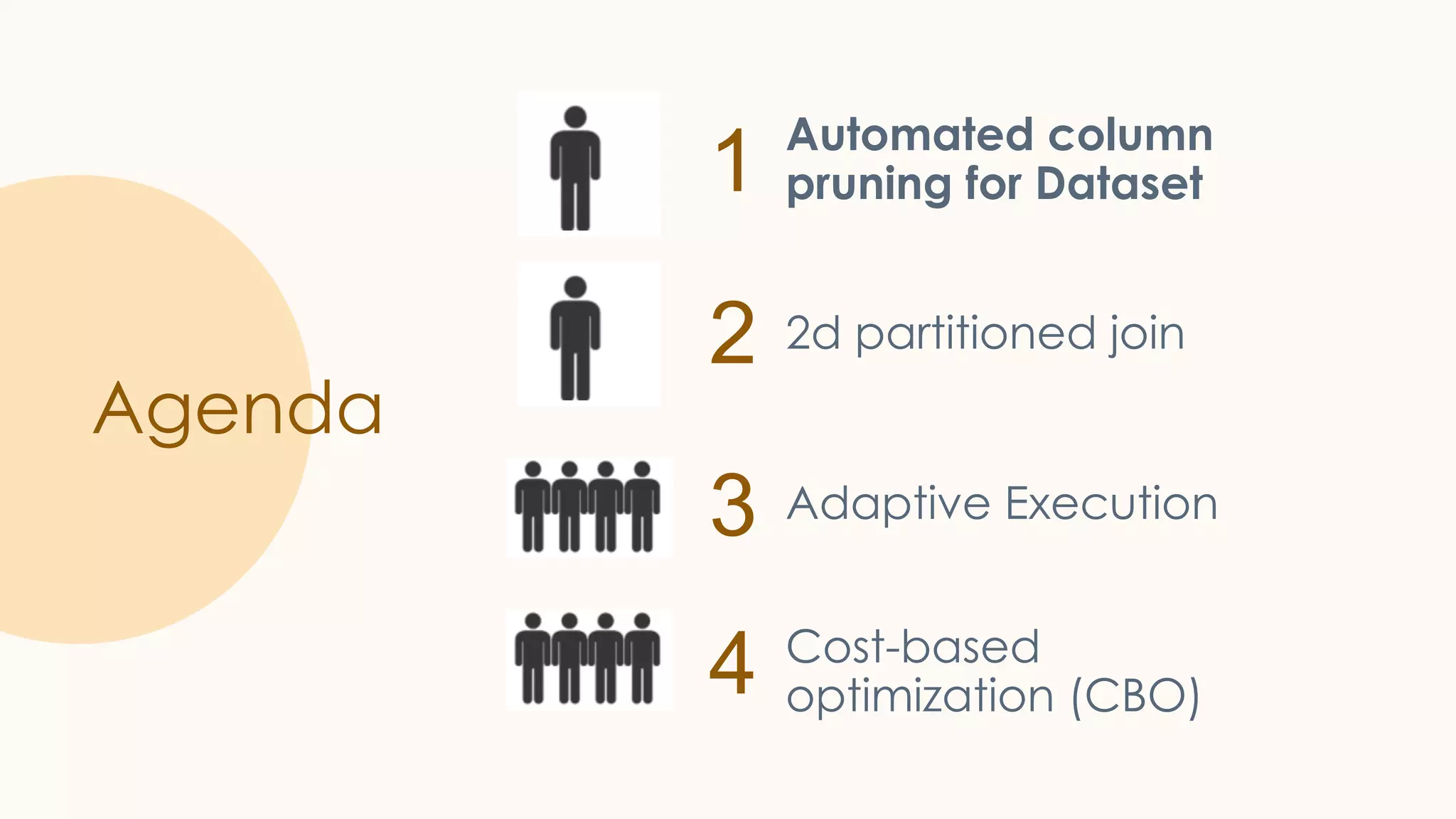 1 2 3 4 Agenda Automated column pruning for Dataset 2d partitioned join Adaptive Execution Cost-based optimization (CBO) 