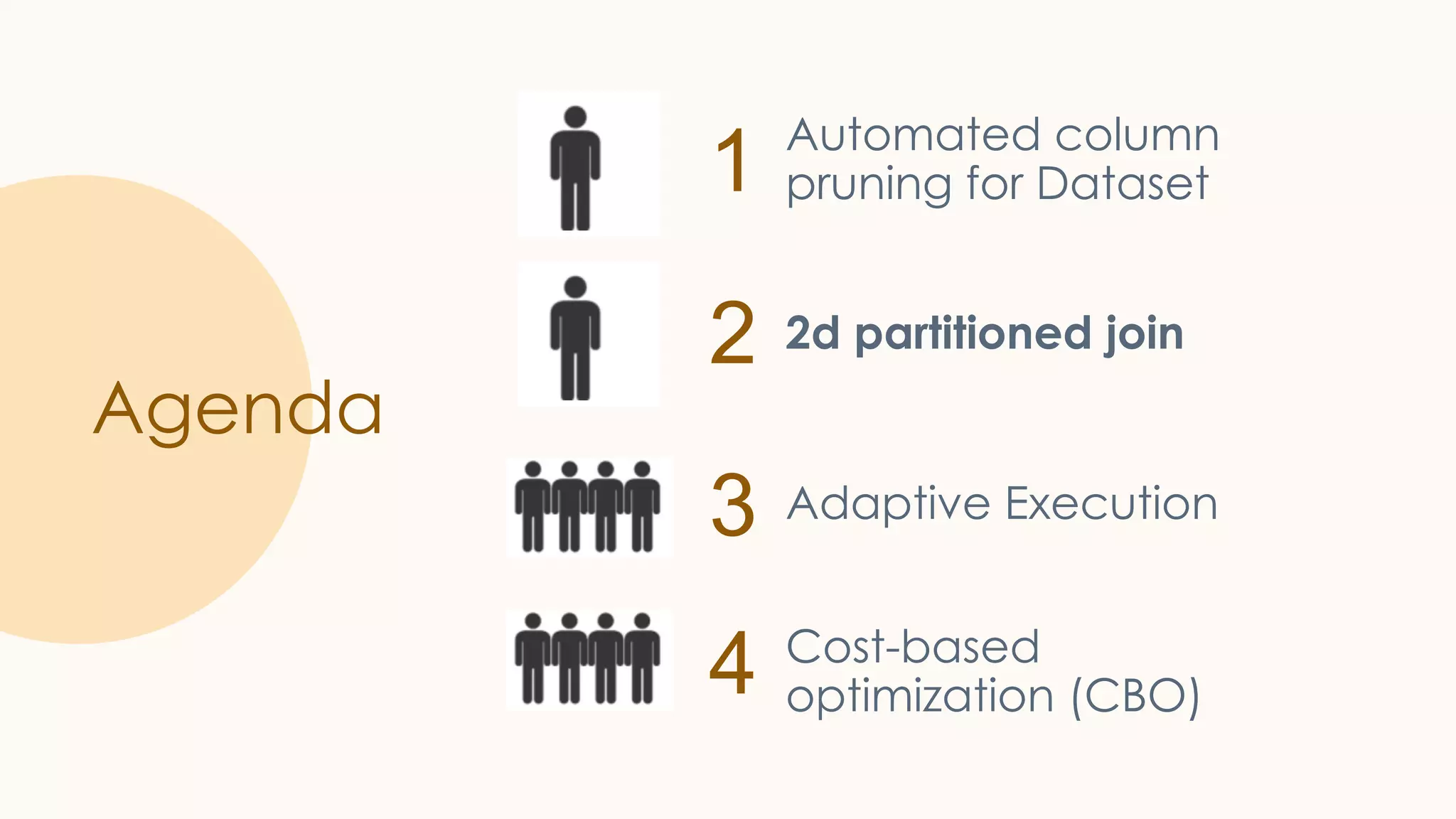 1 2 3 4 Agenda Automated column pruning for Dataset 2d partitioned join Adaptive Execution Cost-based optimization (CBO) 