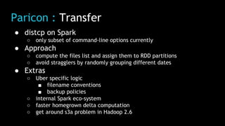 Paricon : Transfer
● distcp on Spark
○ only subset of command-line options currently
● Approach
○ compute the files list and assign them to RDD partitions
○ avoid stragglers by randomly grouping different dates
● Extras
○ Uber specific logic
■ filename conventions
■ backup policies
○ internal Spark eco-system
○ faster homegrown delta computation
○ get around s3a problem in Hadoop 2.6
 