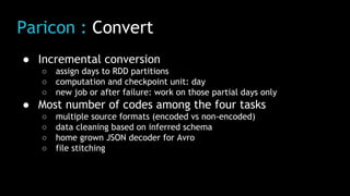 Paricon : Convert
● Incremental conversion
○ assign days to RDD partitions
○ computation and checkpoint unit: day
○ new job or after failure: work on those partial days only
● Most number of codes among the four tasks
○ multiple source formats (encoded vs non-encoded)
○ data cleaning based on inferred schema
○ home grown JSON decoder for Avro
○ file stitching
 
