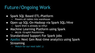 Future/Ongoing Work
● Spark SQL Based ETL-Platform
○ Powers all tables into warehouse
● Open up SQL-On-Hadoop via Spark SQL/Hive
○ Spark Shell is already so nifty!
● Machine Learning Platform using Spark
○ MLLib /GraphX Possibilities
● Standardized Support For Spark jobs
● Apollo: Next Gen Real-time analytics using Spark
Streaming
○ Watch for our next talk! ;)
 