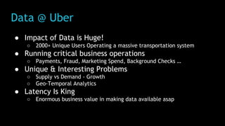 Data @ Uber
● Impact of Data is Huge!
○ 2000+ Unique Users Operating a massive transportation system
● Running critical business operations
○ Payments, Fraud, Marketing Spend, Background Checks …
● Unique & Interesting Problems
○ Supply vs Demand - Growth
○ Geo-Temporal Analytics
● Latency Is King
○ Enormous business value in making data available asap
 