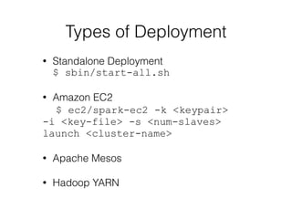 Types of Deployment 
• Standalone Deployment 
$ sbin/start-all.sh 
! 
• Amazon EC2 
$ ec2/spark-ec2 -k <keypair> 
-i <key-file> -s <num-slaves> 
launch <cluster-name> 
! 
• Apache Mesos 
! 
• Hadoop YARN 
 
