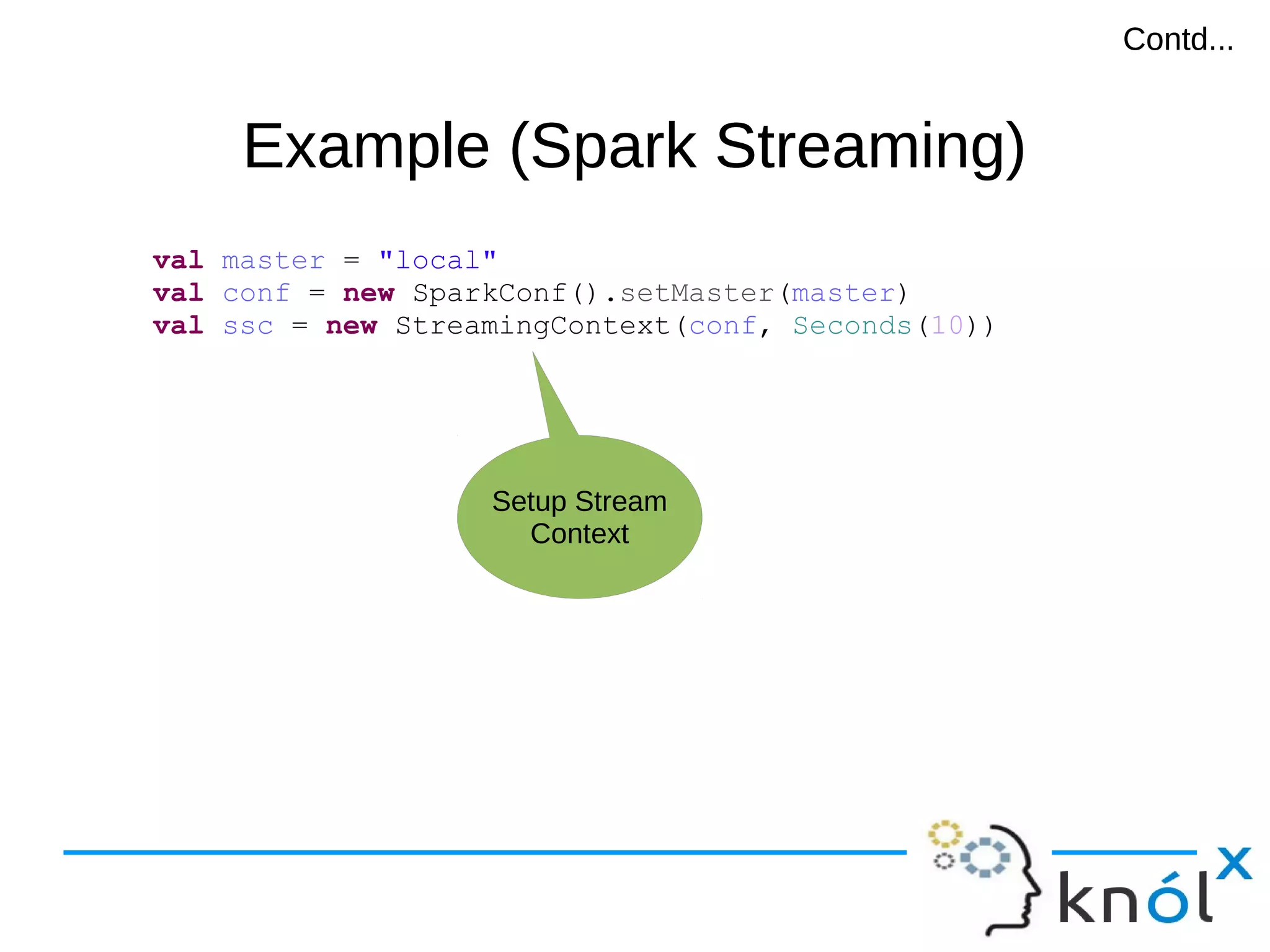 Example (Spark Streaming)Example (Spark Streaming) val master = "local" val conf = new SparkConf().setMaster(master) val ssc = new StreamingContext(conf, Seconds(10)) Setup Stream Context Contd...Contd... 