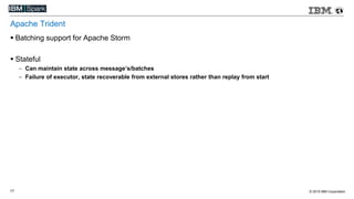 © 2015 IBM Corporation17
 Batching support for Apache Storm
 Stateful
 Can maintain state across message’s/batches
 Failure of executor, state recoverable from external stores rather than replay from start
Apache Trident
 
