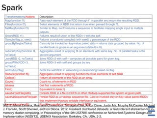 Spark
[MZ12] Matei Zaharia, Mosharaf Chowdhury, Tathagata Das, Ankur Dave, Justin Ma, Murphy McCauley, Michael
J. Franklin, Scott Shenker, and Ion Stoica. 2012. Resilient distributed datasets: a fault-tolerant abstraction for in-
memory cluster computing. In Proceedings of the 9th USENIX conference on Networked Systems Design and
Implementation (NSDI'12). USENIX Association, Berkeley, CA, USA, 2-2.
Transformations/Actions Description
Map(function f1) Pass each element of the RDD through f1 in parallel and return the resulting RDD.
Filter(function f2) Select elements of RDD that return true when passed through f2.
flatMap(function f3) Similar to Map, but f3 returns a sequence to facilitate mapping single input to multiple
outputs.
Union(RDD r1) Returns result of union of the RDD r1 with the self.
Sample(flag, p, seed) Returns a randomly sampled (with seed) p percentage of the RDD.
groupByKey(noTasks) Can only be invoked on key-value paired data – returns data grouped by value. No. of
parallel tasks is given as an argument (default is 8).
reduceByKey(function f4,
noTasks)
Aggregates result of applying f4 on elements with same key. No. of parallel tasks is the
second argument.
Join(RDD r2, noTasks) Joins RDD r2 with self – computes all possible pairs for given key.
groupWith(RDD r3,
noTasks)
Joins RDD r3 with self and groups by key.
sortByKey(flag) Sorts the self RDD in ascending or descending based on flag.
Reduce(function f5) Aggregates result of applying function f5 on all elements of self RDD
Collect() Return all elements of the RDD as an array.
Count() Count no. of elements in RDD
take(n) Get first n elements of RDD.
First() Equivalent to take(1)
saveAsTextFile(path) Persists RDD in a file in HDFS or other Hadoop supported file system at given path.
saveAsSequenceFile(path
)
Persist RDD as a Hadoop sequence file. Can be invoked only on key-value paired RDDs
that implement Hadoop writable interface or equivalent.
foreach(function f6) Run f6 in parallel on elements of self RDD.
 
