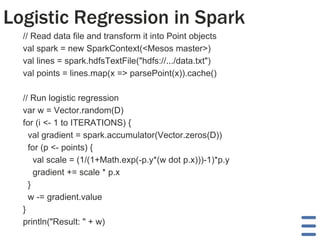 Logistic Regression in Spark
// Read data file and transform it into Point objects
val spark = new SparkContext(<Mesos master>)
val lines = spark.hdfsTextFile("hdfs://.../data.txt")
val points = lines.map(x => parsePoint(x)).cache()
// Run logistic regression
var w = Vector.random(D)
for (i <- 1 to ITERATIONS) {
val gradient = spark.accumulator(Vector.zeros(D))
for (p <- points) {
val scale = (1/(1+Math.exp(-p.y*(w dot p.x)))-1)*p.y
gradient += scale * p.x
}
w -= gradient.value
}
println("Result: " + w)
 