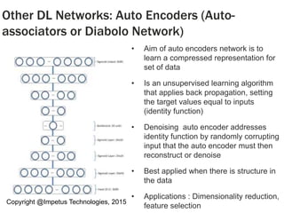 Copyright @Impetus Technologies, 2015
• Aim of auto encoders network is to
learn a compressed representation for
set of data
• Is an unsupervised learning algorithm
that applies back propagation, setting
the target values equal to inputs
(identity function)
• Denoising auto encoder addresses
identity function by randomly corrupting
input that the auto encoder must then
reconstruct or denoise
• Best applied when there is structure in
the data
• Applications : Dimensionality reduction,
feature selection
Other DL Networks: Auto Encoders (Auto-
associators or Diabolo Network)
 