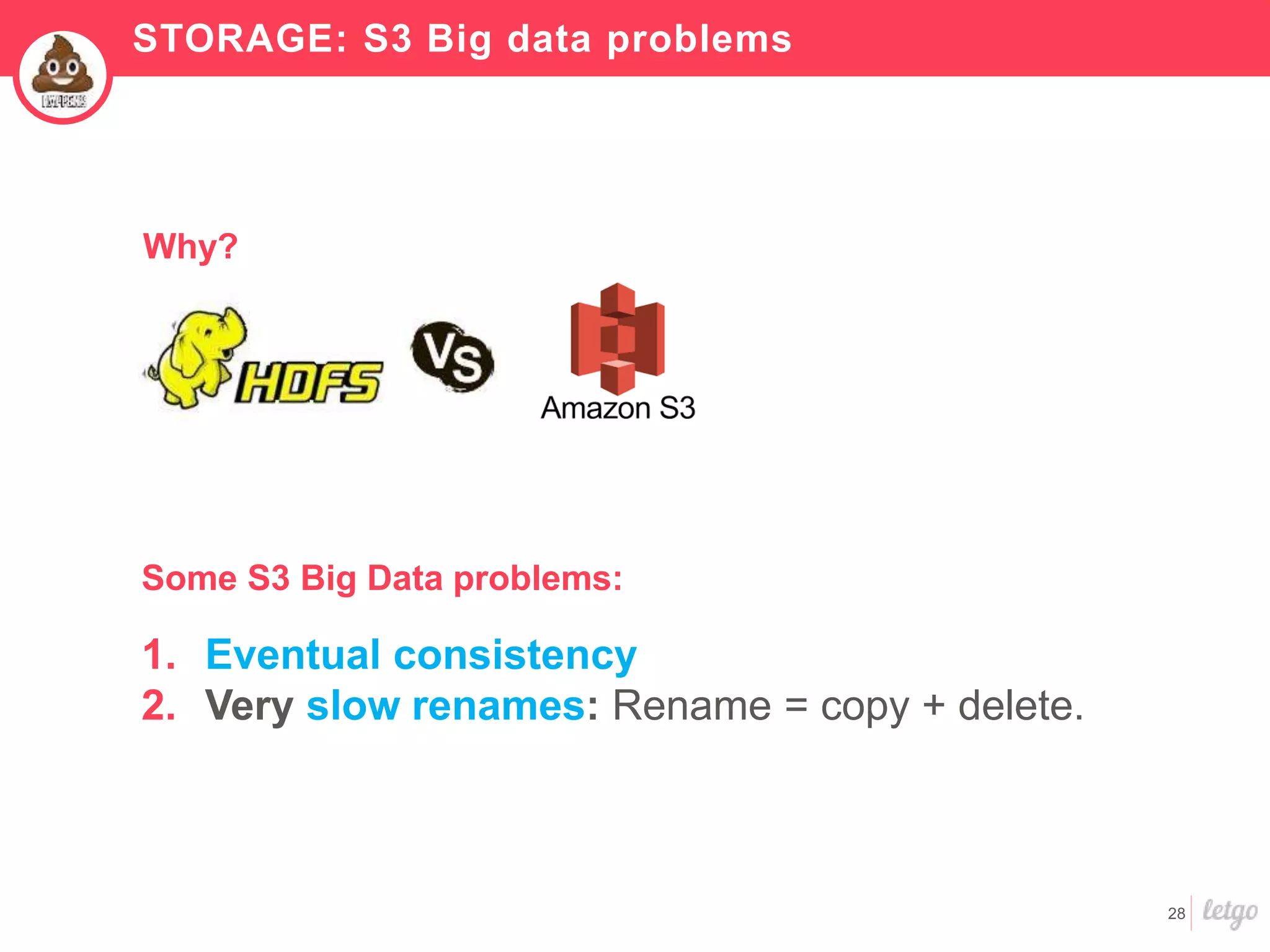 28
1. Eventual consistency
2. Very slow renames: Rename = copy + delete.
Some S3 Big Data problems:
STORAGE: S3 Big data problems
Why?
 
