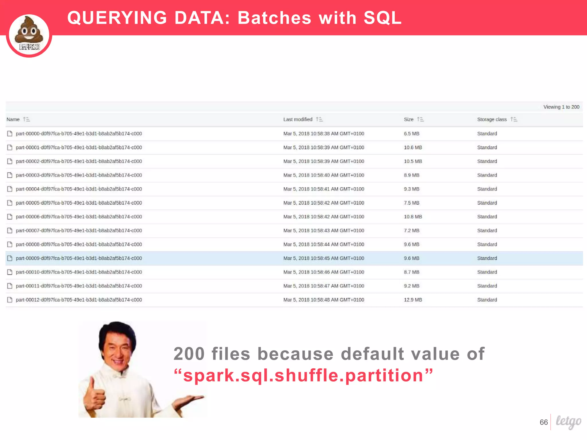 66
QUERYING DATA: Batches with SQL
200 files because default value of
“spark.sql.shuffle.partition”
 