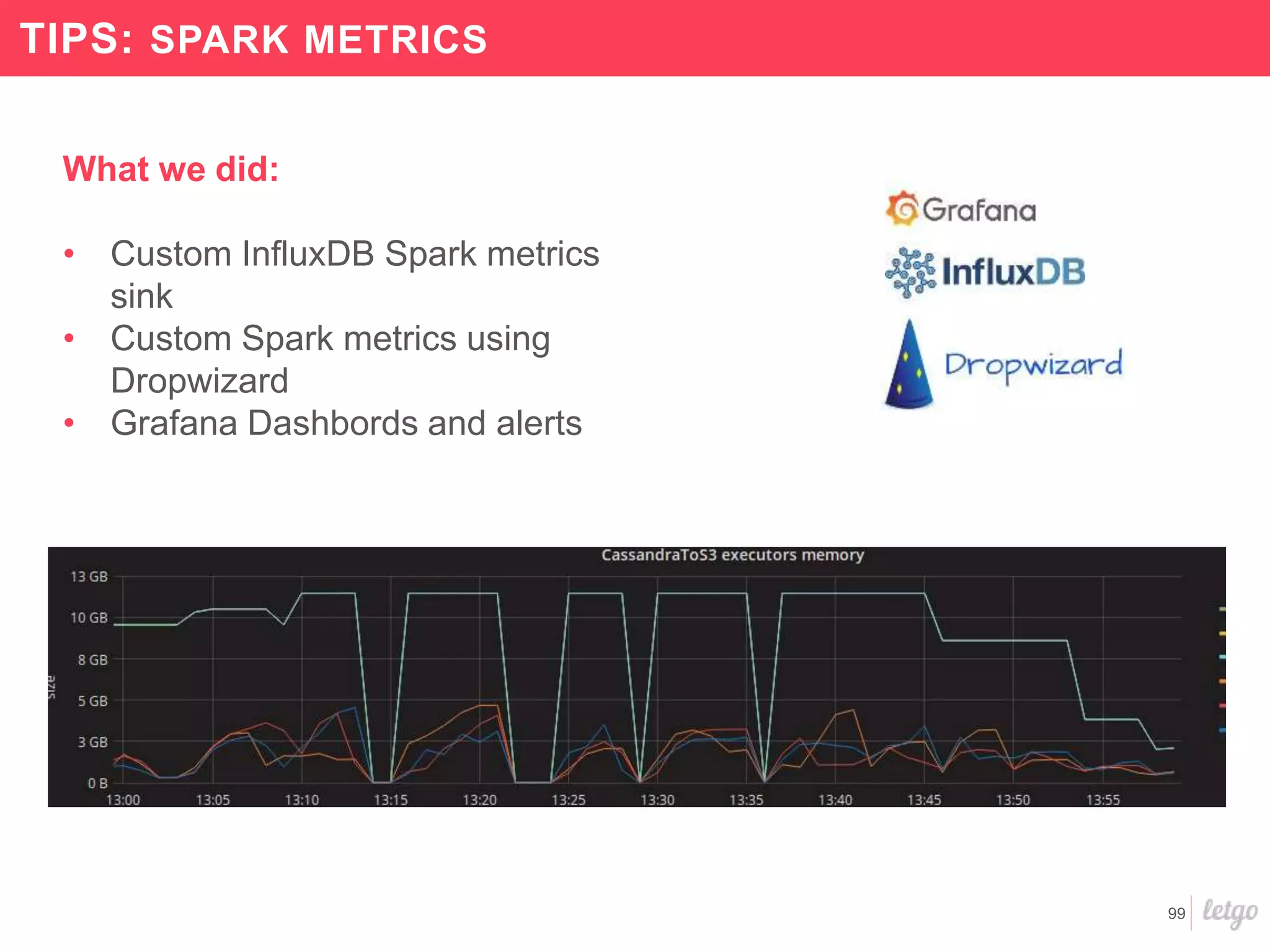 99
TIPS: SPARK METRICS
What we did:
• Custom InfluxDB Spark metrics
sink
• Custom Spark metrics using
Dropwizard
• Grafana Dashbords and alerts
 