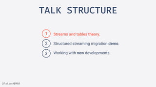 Q? sli.do #5910
TALK STRUCTURE
Streams and tables theory.
Structured streaming migration demo.
Working with new developments.3
2
1
 