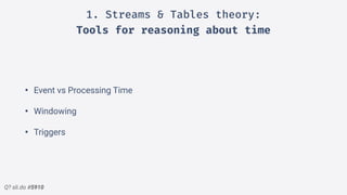 Q? sli.do #5910
1. Streams & Tables theory:
Tools for reasoning about time
• Event vs Processing Time
• Windowing
• Triggers
 