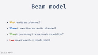 Q? sli.do #5910
Beam model
• What results are calculated?
• Where in event time are results calculated?
• When in processing time are results materialized?
• How do reﬁnements of results relate?
 