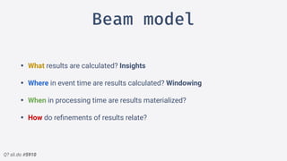 Q? sli.do #5910
Beam model
• What results are calculated? Insights
• Where in event time are results calculated? Windowing
• When in processing time are results materialized?
• How do reﬁnements of results relate?
 