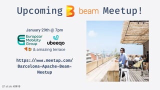 Q? sli.do #5910
Upcoming Meetup!
January 29th @ 7pm
 
 
🍕🍺 & amazing terrace
https:!//!!www.meetup.com/
Barcelona-Apache-Beam-
Meetup
 