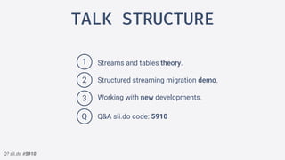 Q? sli.do #5910
TALK STRUCTURE
Streams and tables theory.
Structured streaming migration demo.
Working with new developments.3
2
1
Q Q&A sli.do code: 5910
 
