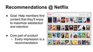 Recommendations @ Netflix
● Goal: Help members find
content that they’ll enjoy
to maximize satisfaction
and retention
● Core part of product
○ Every impression is a
recommendation
 