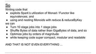 So 
Writing code that 
● exploits Spark’s utilization of Monad / Functor like 
equivalences, and 
● using and nesting Mono...