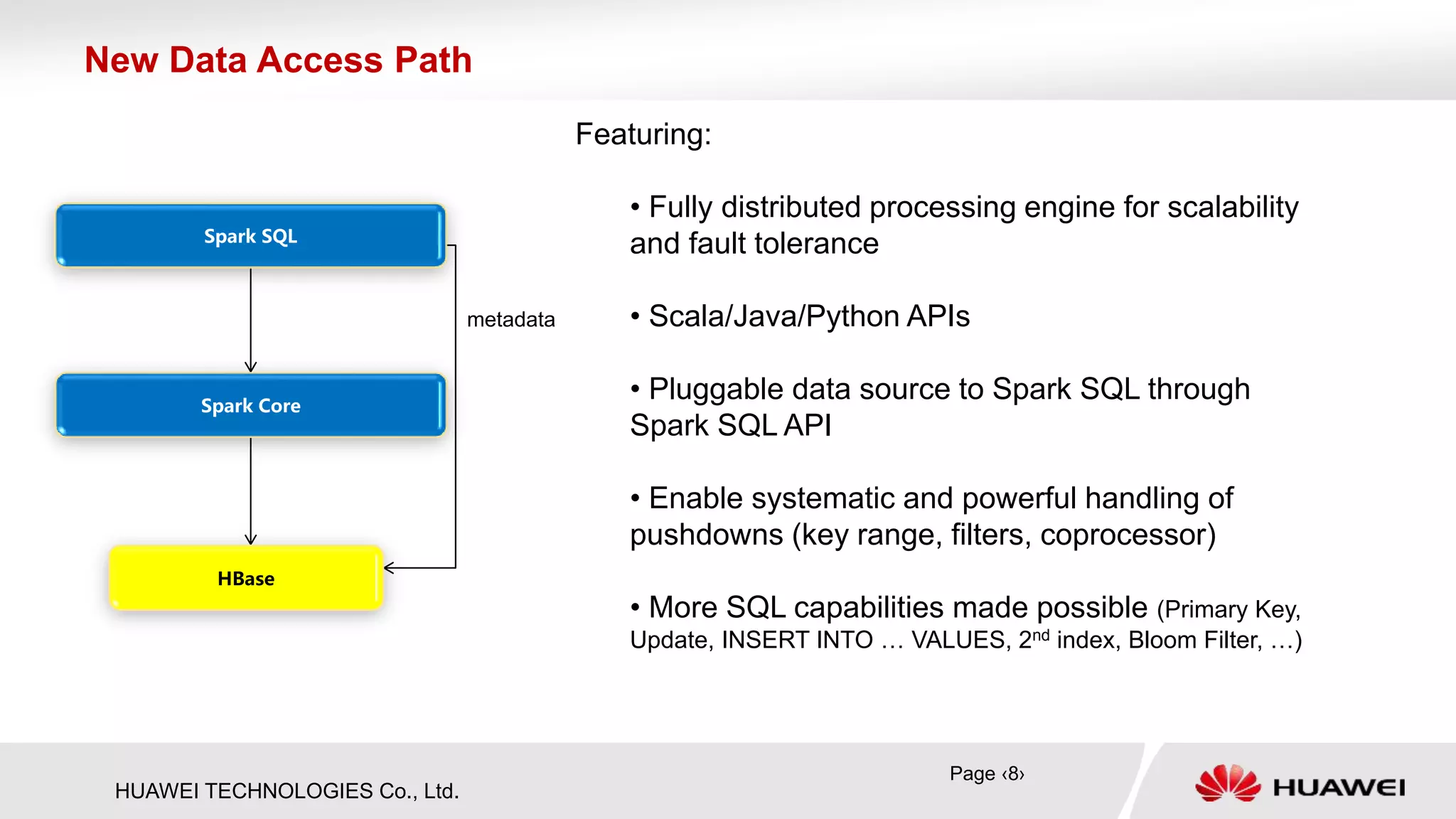 HUAWEI TECHNOLOGIES Co., Ltd.
New Data Access Path
metadata
Featuring:
• Fully distributed processing engine for scalability
and fault tolerance
• Scala/Java/Python APIs
• Pluggable data source to Spark SQL through
Spark SQL API
• Enable systematic and powerful handling of
pushdowns (key range, filters, coprocessor)
• More SQL capabilities made possible (Primary Key,
Update, INSERT INTO … VALUES, 2nd index, Bloom Filter, …)
Page ‹8›
Spark SQL
Spark Core
HBase
 