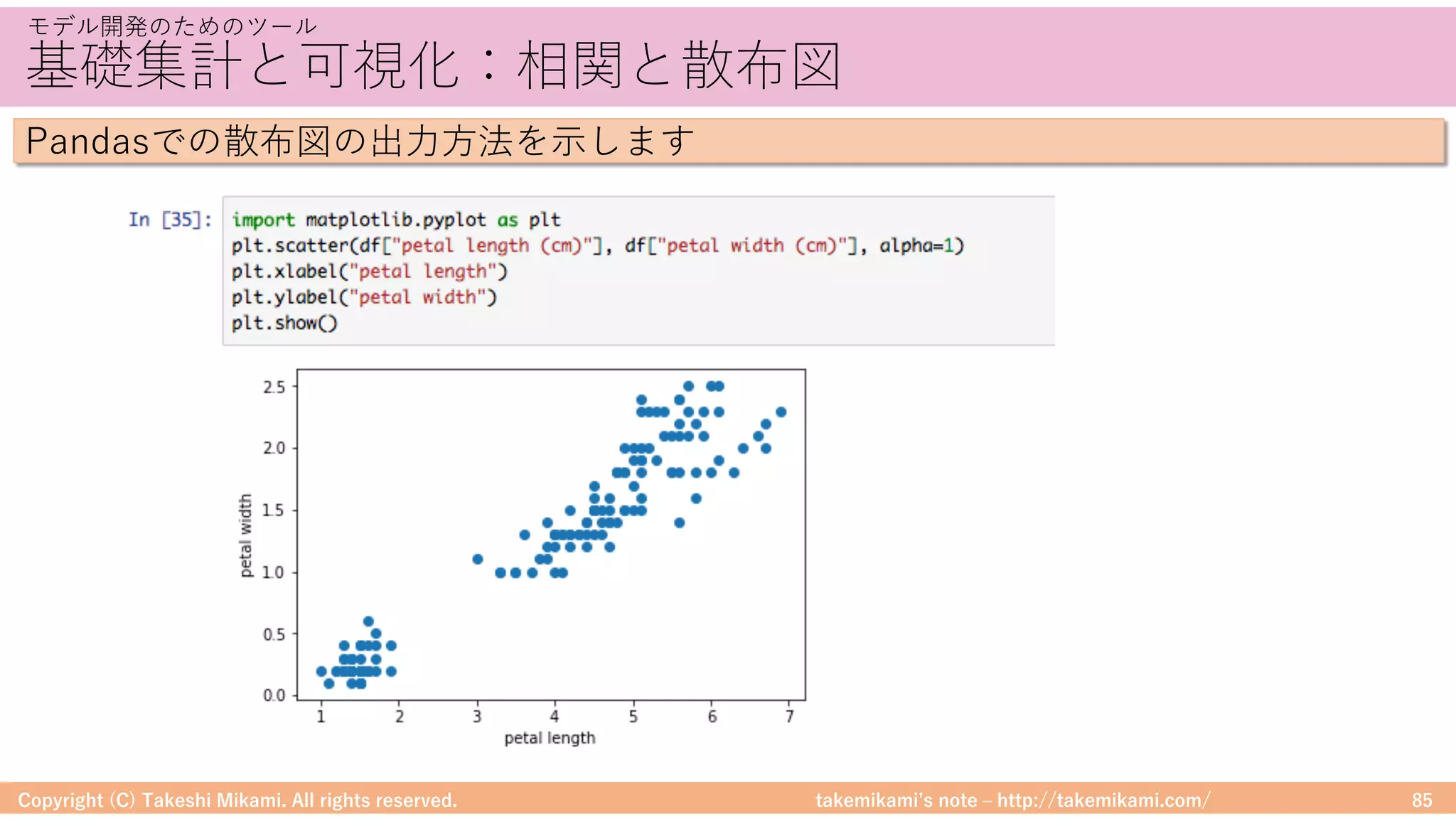 takemikamiʼs note ‒ http://takemikami.com/
基礎集計と可視化：相関と散布図
Copyright (C) Takeshi Mikami. All rights reserved. 85
モデル開発のためのツール
Pandasでの散布図の出⼒⽅法を⽰します
 