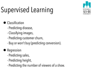 Supervised Learning
•Classiﬁcation 
- Predicting disease, 
- Classifying images, 
- Predicting customer churn, 
- Buy or won’t buy (predicting conversion).
•Regression 
- Predicting sales, 
- Predicting height, 
- Predicting the number of viewers of a show.
 