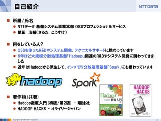 2Copyright © 2014 NTT DATA Corporation
自己紹介
 所属/氏名
 NTTデータ 基盤システム事業本部 OSSプロフェッショナルサービス
 猿田 浩輔（さるた こうすけ）
 何をしている人?
 OSSを使ったR&Dやシステム開発、テクニカルサポートに携わっています
 6年ほど大規模分散処理基盤「Hadoop」関連のR&Dやシステム開発に関わってきま
した
 近年はHadoopから派生して、インメモリ分散処理基盤「Spark」にも携わっています
 著作物(共著)
 Hadoop徹底入門(初版/第2版) - 翔泳社
 HADOOP HACKS - オライリージャパン
 
