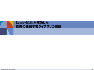Copyright © 2014 NTT DATA Corporation 26
Spark+MLlibが解決した
従来の機械学習ライブラリの課題
 