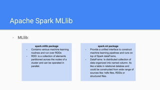 Apache Spark MLlib
- MLlib:
spark.mllib package
- Contains various machine learning
routines and run over RDDs
- RDD: is a collection of elements
partitioned across the nodes of a
cluster and can be operated in
parallel.
spark.ml package
- Provide a unified interface to construct
machine learning pipelines and runs on
top of Spark dataFrams.
- DataFrams: Is distributed collection of
data organized into named column. Its
like a table in relational databse and
could be constructed from wide range of
sources like: hdfs files, RDDs or
structured files.
 