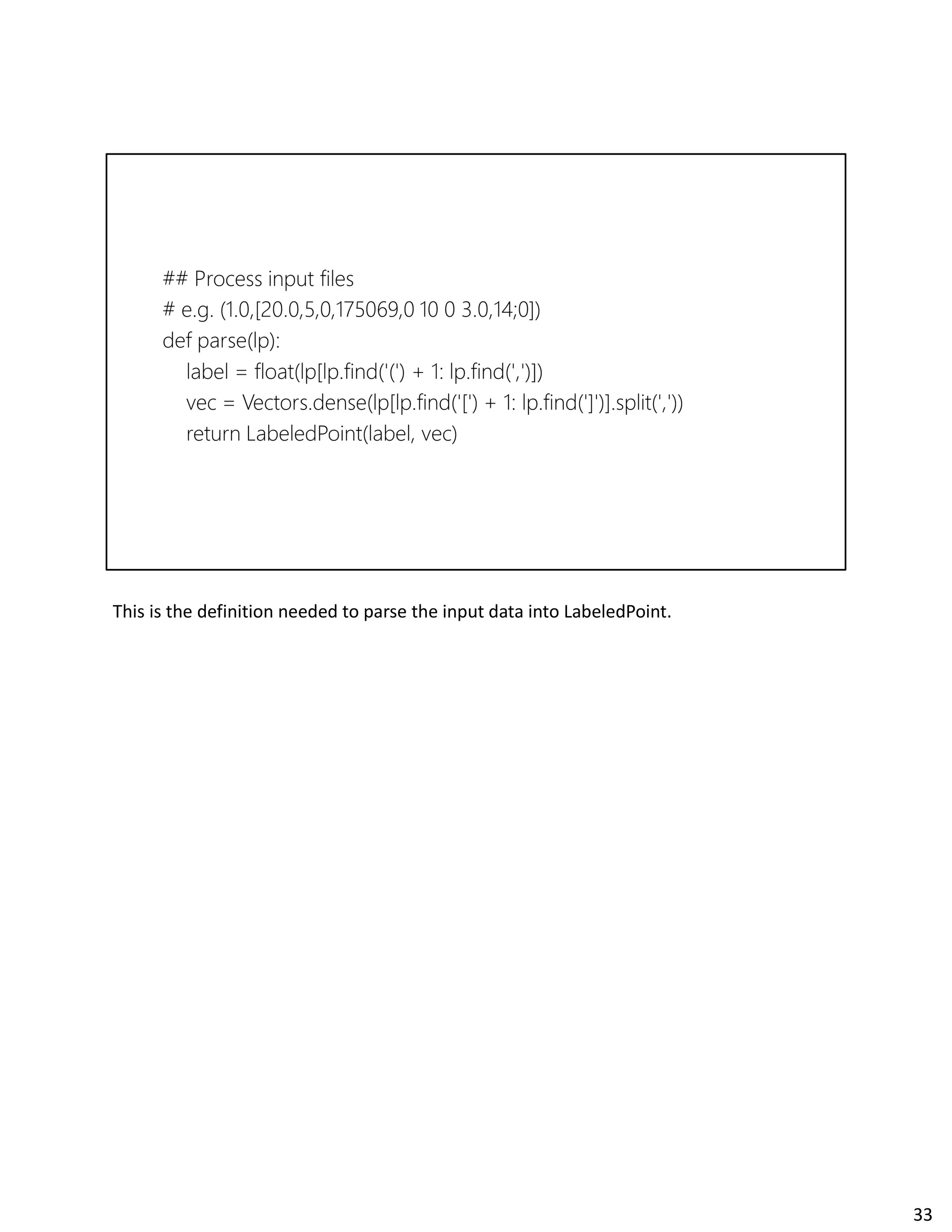 This is the definition needed to parse the input data into LabeledPoint.
33
 
