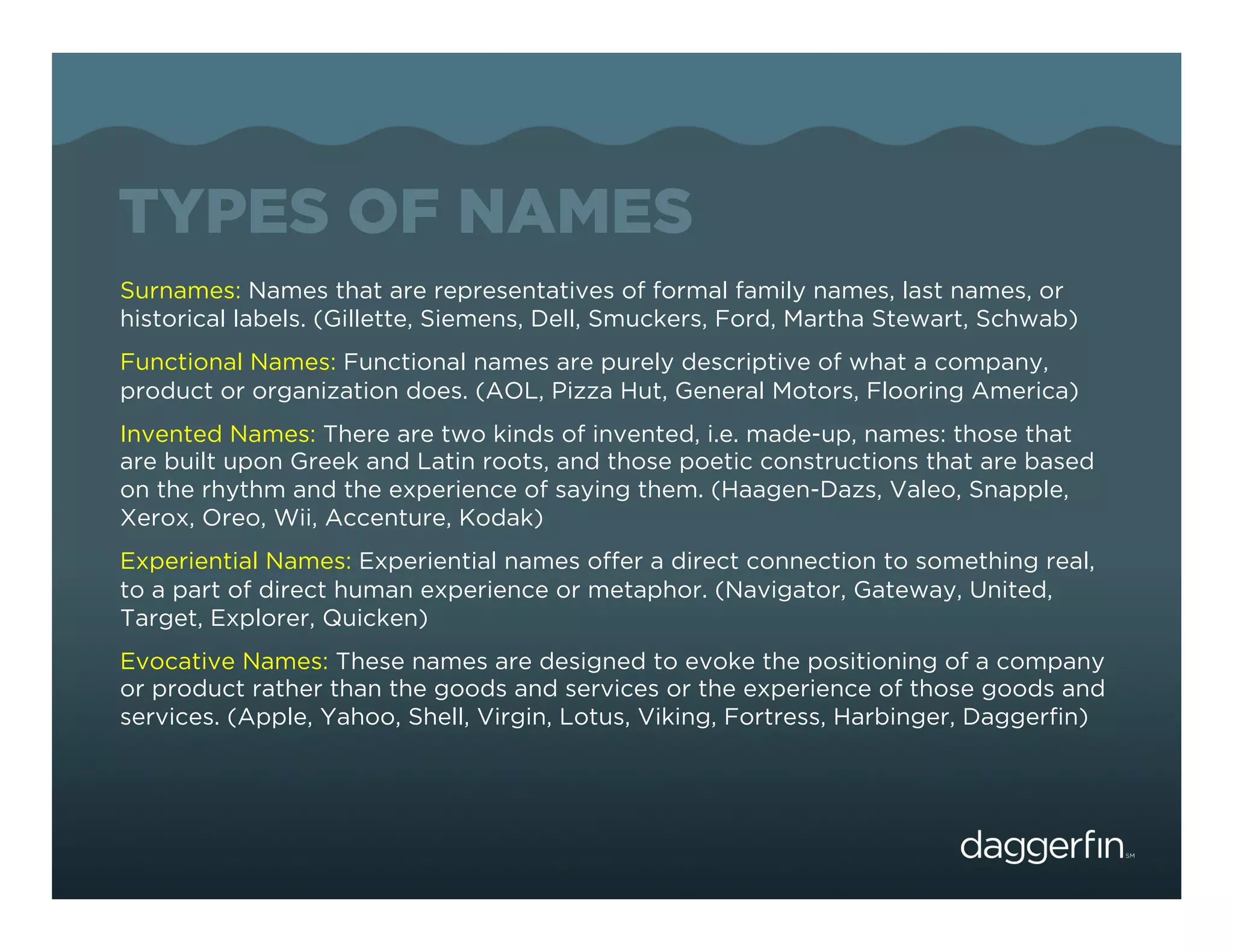 TYPES OF NAMES
Surnames: Names that are representatives of formal family names, last names, or
historical labels. (Gillette, Siemens, Dell, Smuckers, Ford, Martha Stewart, Schwab)
Functional Names: Functional names are purely descriptive of what a company,
product or organization does. (AOL, Pizza Hut, General Motors, Flooring America)
Invented Names: There are two kinds of invented, i.e. made-up, names: those that
are built upon Greek and Latin roots, and those poetic constructions that are based
on the rhythm and the experience of saying them. (Haagen-Dazs, Valeo, Snapple,
Xerox, Oreo, Wii, Accenture, Kodak)
Experiential Names: Experiential names offer a direct connection to something real,
to a part of direct human experience or metaphor. (Navigator, Gateway, United,
Target, Explorer, Quicken)
Evocative Names: These names are designed to evoke the positioning of a company
or product rather than the goods and services or the experience of those goods and
services. (Apple, Yahoo, Shell, Virgin, Lotus, Viking, Fortress, Harbinger, Daggerﬁn)
 