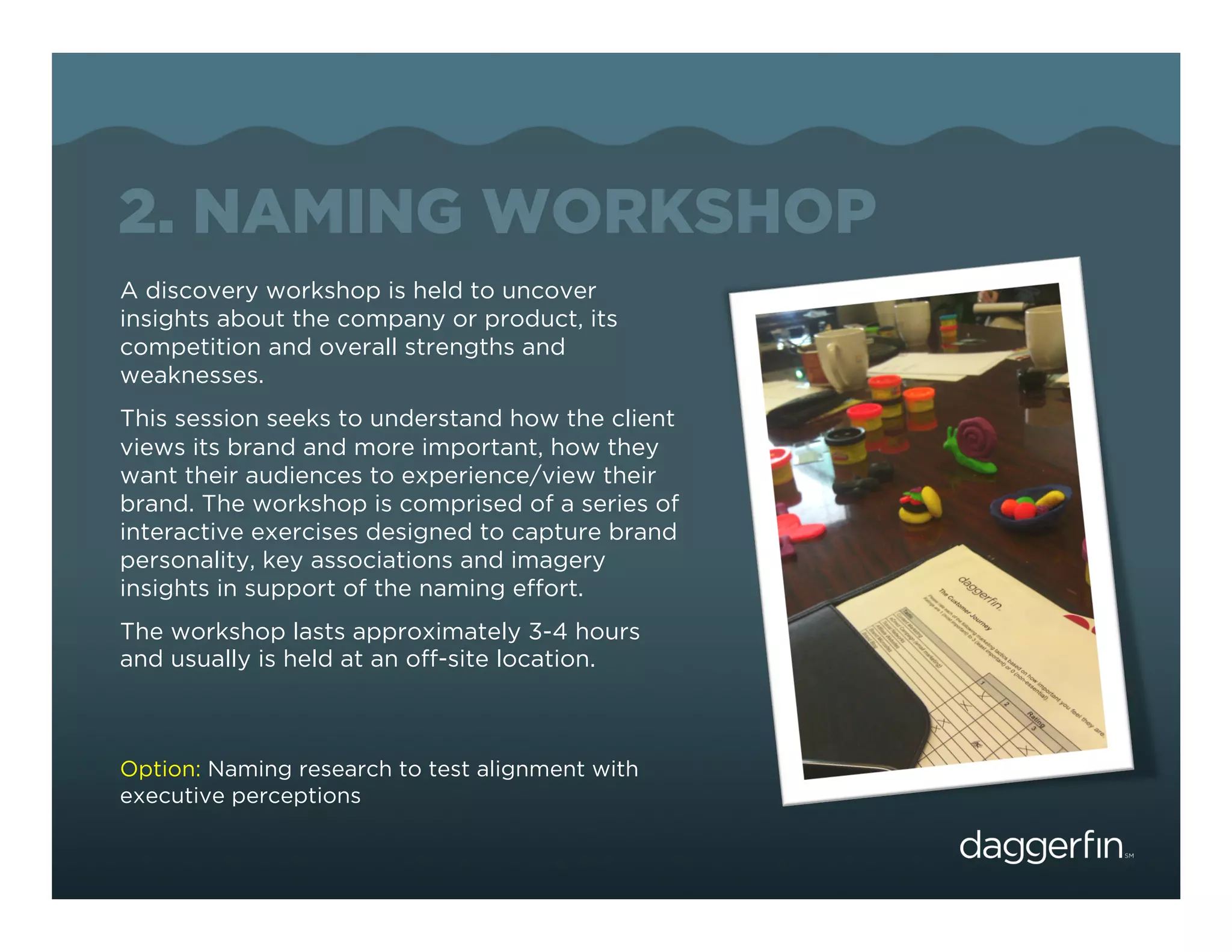 2. NAMING WORKSHOP
A discovery workshop is held to uncover
insights about the company or product, its
competition and overall strengths and
weaknesses.
This session seeks to understand how the client
views its brand and more important, how they
want their audiences to experience/view their
brand. The workshop is comprised of a series of
interactive exercises designed to capture brand
personality, key associations and imagery
insights in support of the naming effort.
The workshop lasts approximately 3-4 hours
and usually is held at an off-site location.



Option: Naming research to test alignment with
executive perceptions
 