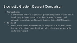 Stochastic Gradient Descent Comparison
● Conventional:
○ A conventional approach to parallelize gradient computation requires a lot of
broadcasting and communication overhead between the workers and
parameter server after every Stochastic Gradient Descent(SGD) iteration.
● SparkNet:
○ In this model, a fixed parameter is set for every worker in the Spark cluster
(number of iterations or time limit), after which the params are sent to the
master and averaged.
 