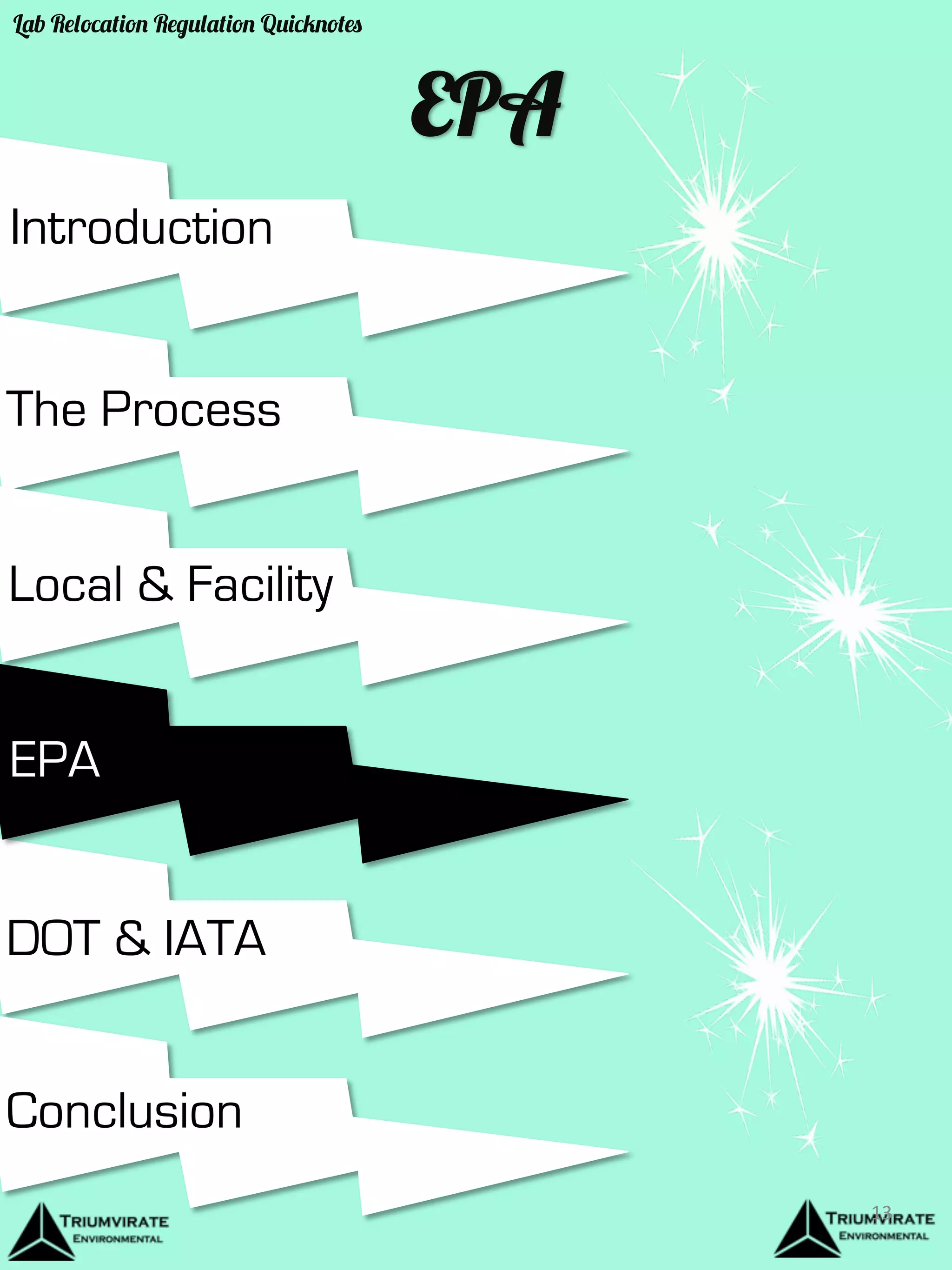 Introduction 
The Process 
Local & Facility 
EPA 
DOT & IATA 
Conclusion 
EPA 
13 
Lab Relocation Regulation Quicknotes 
 
