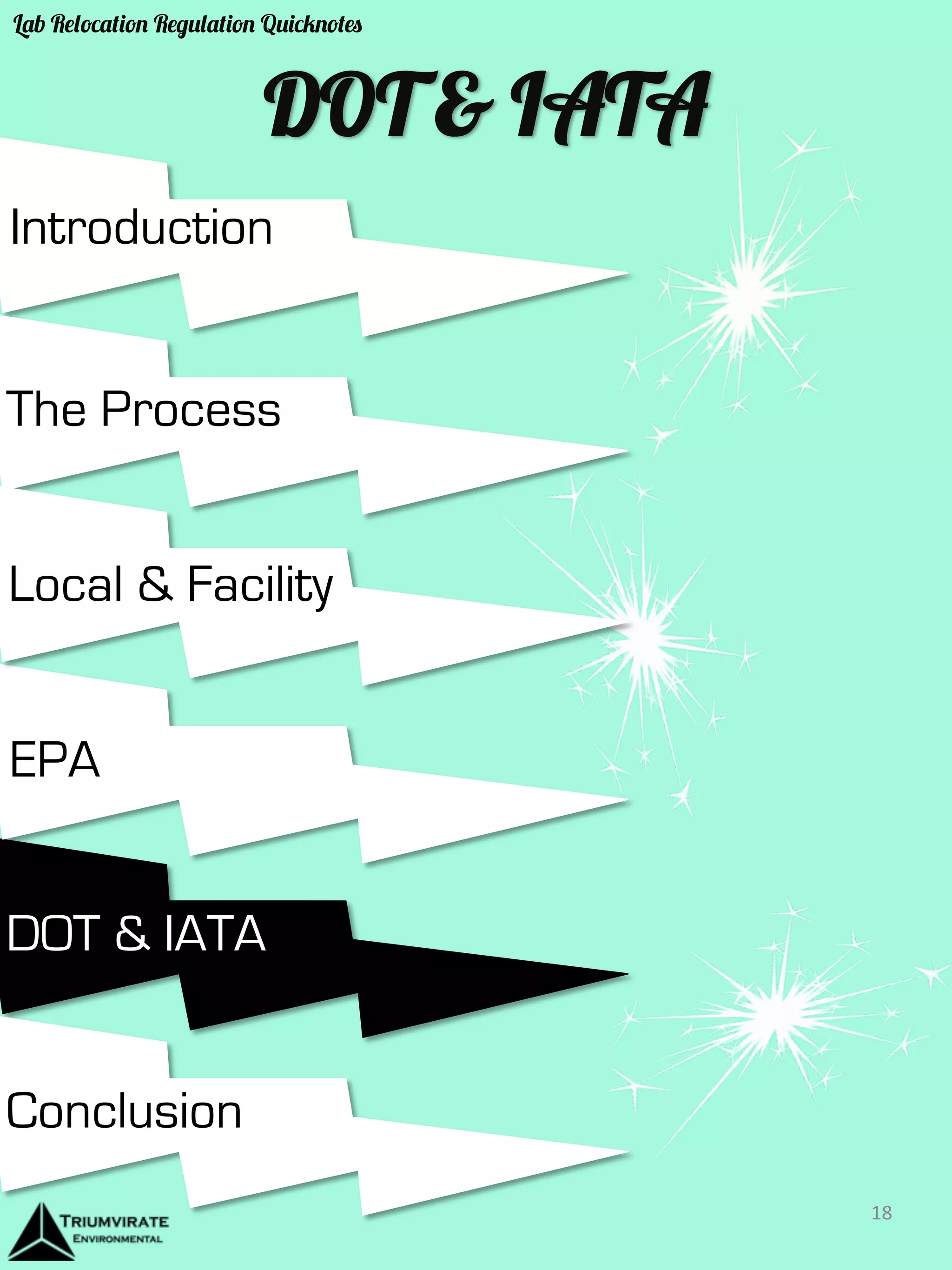 Introduction 
The Process 
Local & Facility 
EPA 
DOT & IATA 
Conclusion 
DOT & IATA 
18 
Lab Relocation Regulation Quicknotes 
 