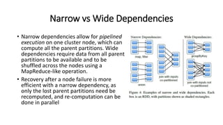 Narrow vs Wide Dependencies
• Narrow dependencies allow for pipelined
execution on one cluster node, which can
compute all the parent partitions. Wide
dependencies require data from all parent
partitions to be available and to be
shuffled across the nodes using a
MapReduce-like operation.
• Recovery after a node failure is more
efficient with a narrow dependency, as
only the lost parent partitions need be
recomputed, and re-computation can be
done in parallel
 