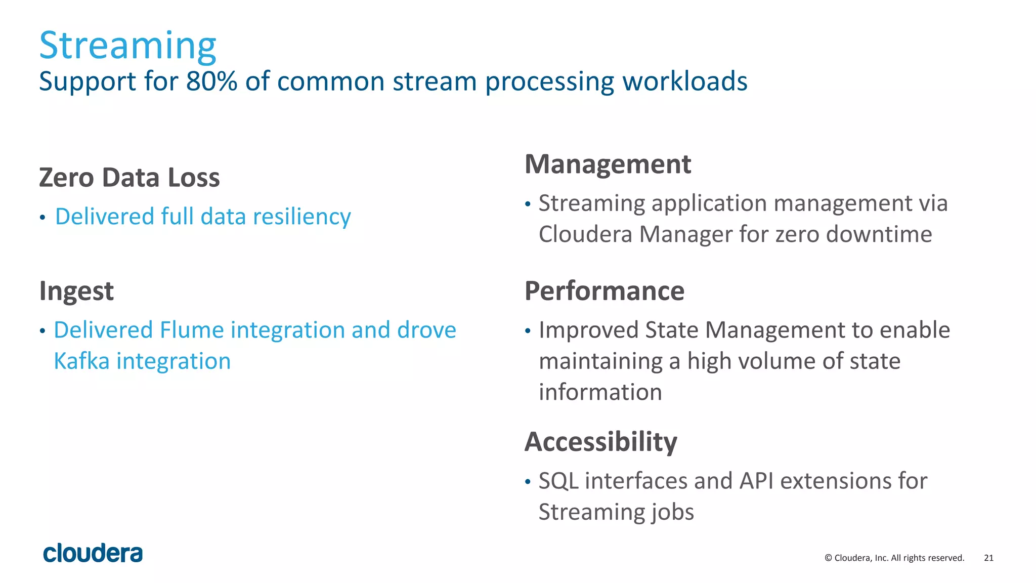 21© Cloudera, Inc. All rights reserved.
Streaming
Support for 80% of common stream processing workloads
Zero Data Loss
• Delivered full data resiliency
Management
• Streaming application management via
Cloudera Manager for zero downtime
Ingest
• Delivered Flume integration and drove
Kafka integration
Accessibility
• SQL interfaces and API extensions for
Streaming jobs
Performance
• Improved State Management to enable
maintaining a high volume of state
information
 