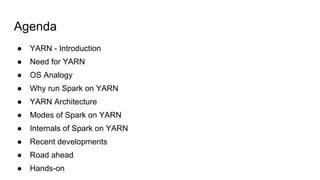 Agenda
● YARN - Introduction
● Need for YARN
● OS Analogy
● Why run Spark on YARN
● YARN Architecture
● Modes of Spark on YARN
● Internals of Spark on YARN
● Recent developments
● Road ahead
● Hands-on
 