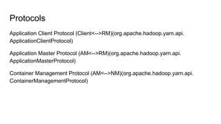 Protocols
Application Client Protocol (Client<-->RM)(org.apache.hadoop.yarn.api.
ApplicationClientProtocol)
Application Master Protocol (AM<-->RM)(org.apache.hadoop.yarn.api.
ApplicationMasterProtocol)
Container Management Protocol (AM<-->NM)(org.apache.hadoop.yarn.api.
ContainerManagementProtocol)
 