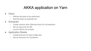 AKKA application on Yarn
● Client
○ Defines the tasks to be performed
○ Submits tasks as separate set
● Scheduler
○ Create receiver actor (Remote Actor) for orchestration
○ Set up resources for AM
○ Launch AM for set of tasks
● Application Master
○ Create Executor for each single task
○ Set up resources for Containers
 