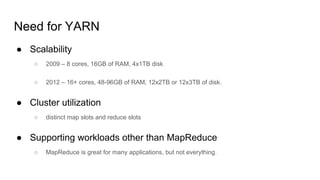 Need for YARN
● Scalability
○ 2009 – 8 cores, 16GB of RAM, 4x1TB disk
○ 2012 – 16+ cores, 48-96GB of RAM, 12x2TB or 12x3TB of disk.
● Cluster utilization
○ distinct map slots and reduce slots
● Supporting workloads other than MapReduce
○ MapReduce is great for many applications, but not everything.
 