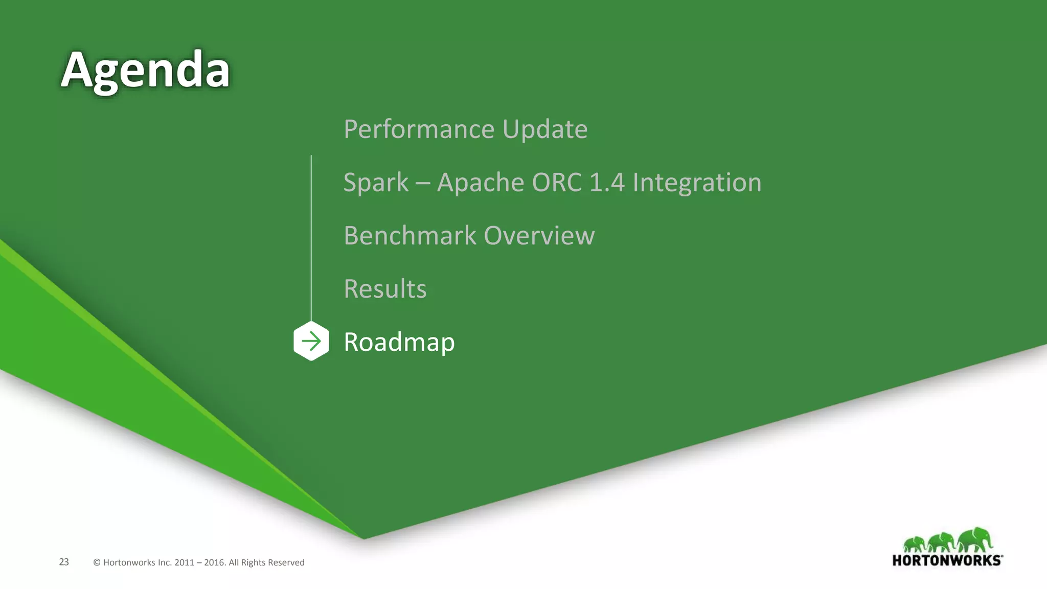 23 © Hortonworks Inc. 2011 – 2016. All Rights Reserved Agenda Performance Update Spark – Apache ORC 1.4 Integration Benchmark Overview Results Roadmap 