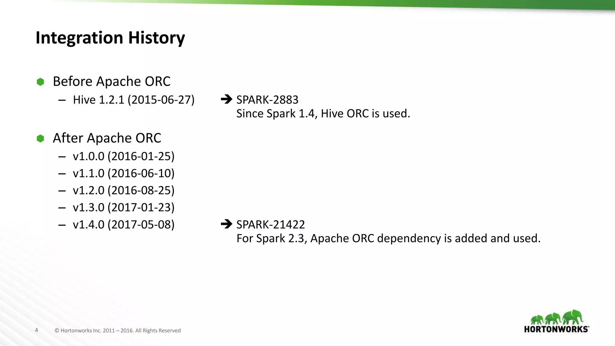 4 © Hortonworks Inc. 2011 – 2016. All Rights Reserved Integration History  Before Apache ORC – Hive 1.2.1 (2015-06-27)  SPARK-2883 Since Spark 1.4, Hive ORC is used.  After Apache ORC – v1.0.0 (2016-01-25) – v1.1.0 (2016-06-10) – v1.2.0 (2016-08-25) – v1.3.0 (2017-01-23) – v1.4.0 (2017-05-08)  SPARK-21422 For Spark 2.3, Apache ORC dependency is added and used. 