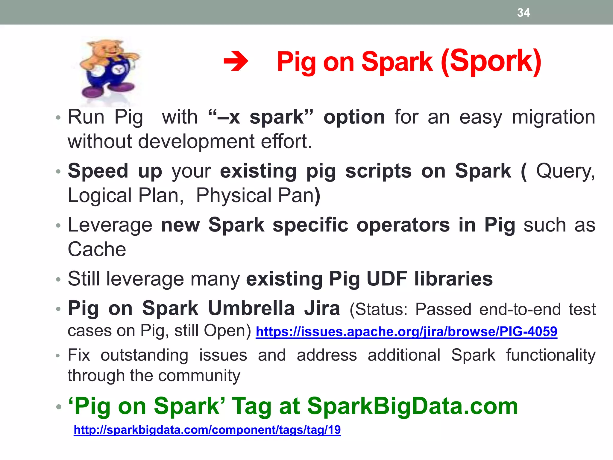  Pig on Spark (Spork)
• Run Pig with “–x spark” option for an easy migration
without development effort.
• Speed up your existing pig scripts on Spark ( Query,
Logical Plan, Physical Pan)
• Leverage new Spark specific operators in Pig such as
Cache
• Still leverage many existing Pig UDF libraries
• Pig on Spark Umbrella Jira (Status: Passed end-to-end test
cases on Pig, still Open) https://issues.apache.org/jira/browse/PIG-4059
• Fix outstanding issues and address additional Spark functionality
through the community
• ‘Pig on Spark’ Tag at SparkBigData.com
http://sparkbigdata.com/component/tags/tag/19
34
 