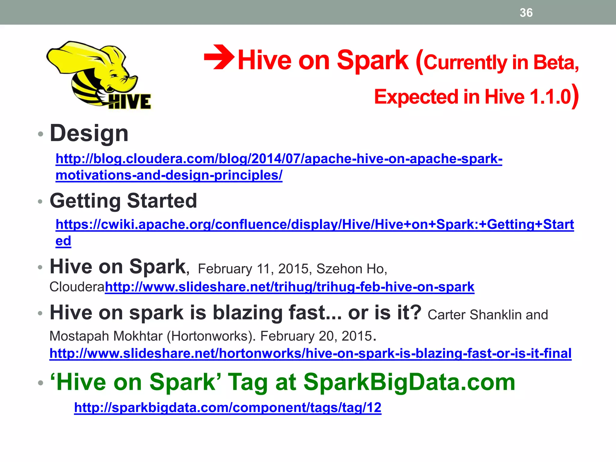 Hive on Spark (Currently in Beta,
Expected in Hive 1.1.0)
• Design
http://blog.cloudera.com/blog/2014/07/apache-hive-on-apache-spark-
motivations-and-design-principles/
• Getting Started
https://cwiki.apache.org/confluence/display/Hive/Hive+on+Spark:+Getting+Start
ed
• Hive on Spark, February 11, 2015, Szehon Ho,
Clouderahttp://www.slideshare.net/trihug/trihug-feb-hive-on-spark
• Hive on spark is blazing fast... or is it? Carter Shanklin and
Mostapah Mokhtar (Hortonworks). February 20, 2015.
http://www.slideshare.net/hortonworks/hive-on-spark-is-blazing-fast-or-is-it-final
• ‘Hive on Spark’ Tag at SparkBigData.com
http://sparkbigdata.com/component/tags/tag/12
36
 