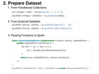 2. Prepare Dataset
1. From Parallelized Collections
2. From External DataSets
3. Passing Functions to Spark
List<Integer> data = Arrays.asList(1, 2, 3, 4, 5);
JavaRDD<Integer> distData = sc.parallelize(data);
JavaRDD<String> distFile = sc.textFile("data.txt"); OR
JavaRDD<String> distFile = sc.textFile("hdfs://data.txt");
class ParseLabeledPoint implements Function<String, LabeledPoint> {
public LabeledPoint call(String s) {...
for (int i = 0; i < len; i++) {
x[i] = Double.parseDouble(tokens[i]);
}
return new LabeledPoint(y, Vectors.dense(x));
}}
---
JavaRDD<LabeledPoint> data = distData.map(new ParseLabeledPoint()) ;
 