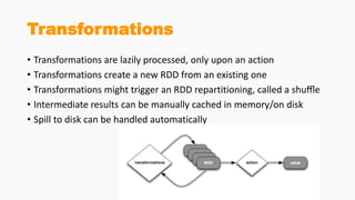 Transformations
• Transformations are lazily processed, only upon an action
• Transformations create a new RDD from an existing one
• Transformations might trigger an RDD repartitioning, called a shuﬄe
• Intermediate results can be manually cached in memory/on disk
• Spill to disk can be handled automatically
 